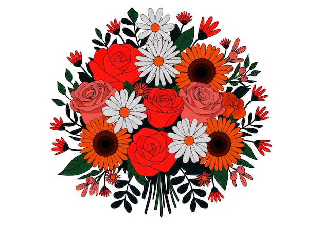 Bouquet de fleurs vibrante Vector roses tournesols marguerites plus