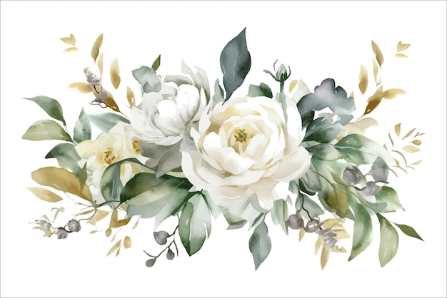 Vecteur bouquet d'illustration florale aquarelle fleurs blanches rose pivoine collection de branches de feuilles vertes et dorées modèle d'éléments de fleurs décoratives illustration de dessin animé plat isolé sur fond blanc