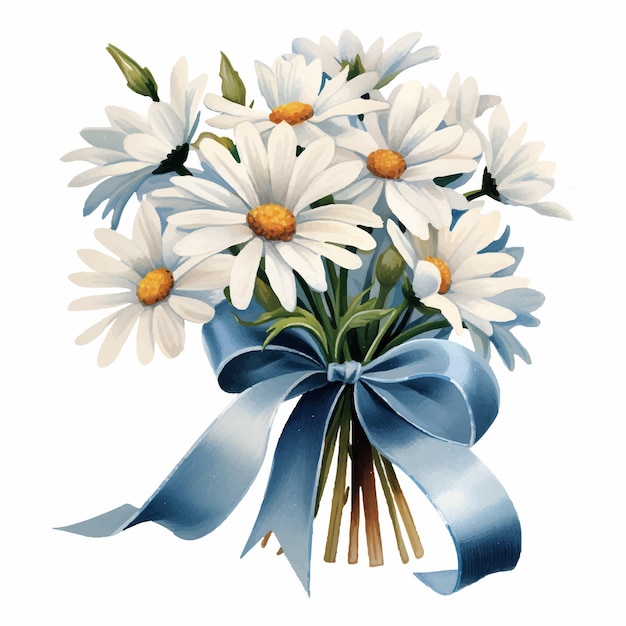 Vecteur un bouquet de marguerite blanche avec un ruban bleu