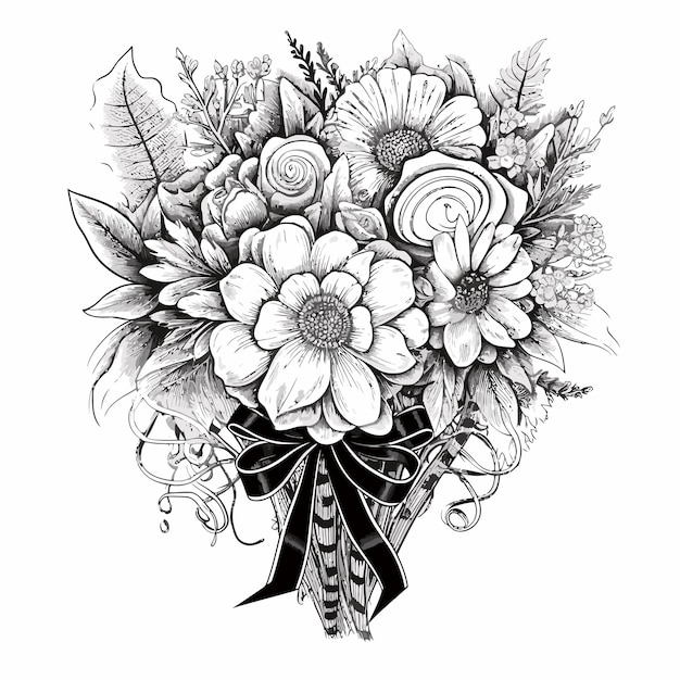 Vecteur bouquet de mariage dessiné à la main par vecteur couleur noir et blanc