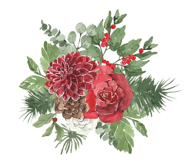 Bouquet de Noël aquarelle avec des aiguilles de pin eucalyptus et fleurs