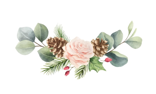 Bouquet De Noël Vecteur Aquarelle Avec Branches De Sapin Roses Et Eucalyptus
