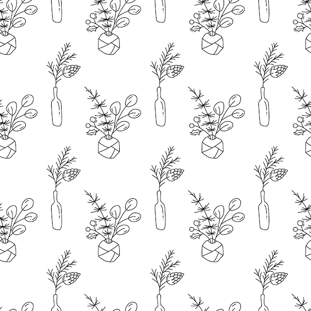 Bouquet de plantes vecteur transparente motif monoline minimaliste scandinave Noël en bouteilles
