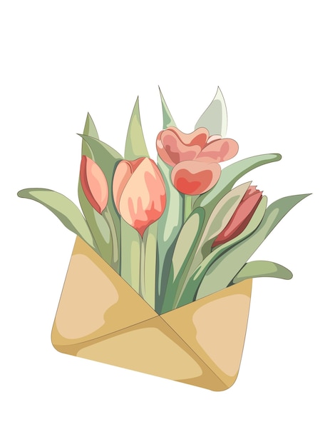 Bouquet Printanier De Tulipes Avec Feuillage Dans Une Enveloppe De Greffe