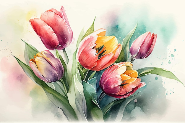 Bouquet de printemps de tulipes peintes à l'aquarelle Un cadeau pour la fête des femmes ou la fête des mères Illustration vectorielle EPS 10