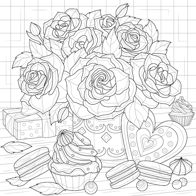 Bouquet De Roses Et Bonbonslivre De Coloriage Antistress Pour Enfants Et Adultes