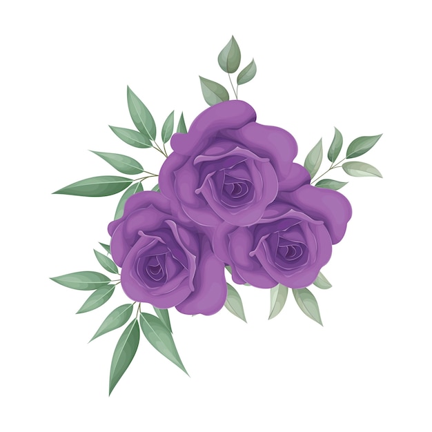 Un bouquet de roses violettes avec des feuilles vertes sur fond blanc.