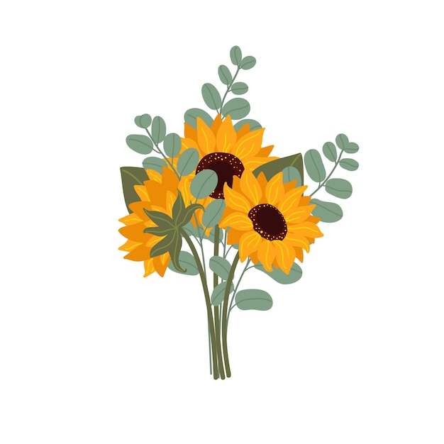 Vecteur un bouquet de tournesols avec des feuilles et des tiges.