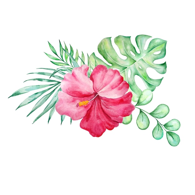 Bouquet tropical aquarelle de feuilles d'hibiscus