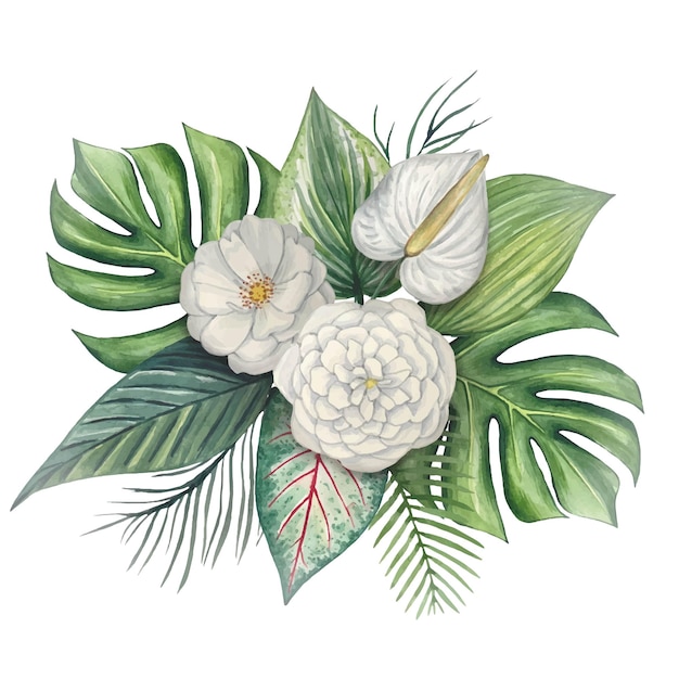 Bouquet tropical Composition avec feuilles tropicales vertes et aquarelle de fleurs blanches