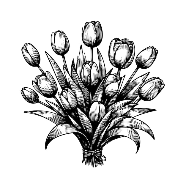 Un Bouquet De Tulipes Est Dessiné En Noir Et Blanc