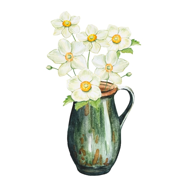 Bouquets D'anémones Blanches Dans Un Vase Vintage Illustration Aquarelle Dessinée à La Main