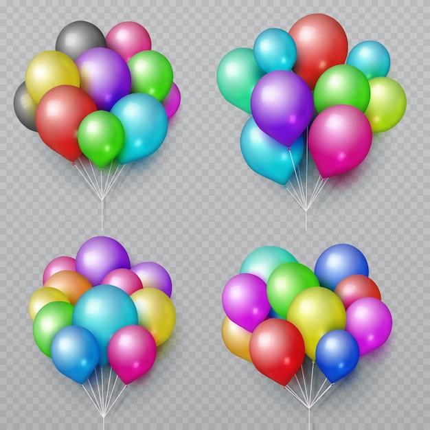 Bouquets de ballons réalistes multicolores isolés. Éléments de vecteur de décoration de fête de mariage et d&#39;anniversaire. Ensemble d&#39;illustration de grappe de montgolfière couleur