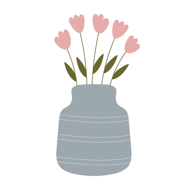 Bouquets de fleurs de tulipes dans une cruche de vase en céramique à la mode Jolie illustration botanique plate simple et élégante