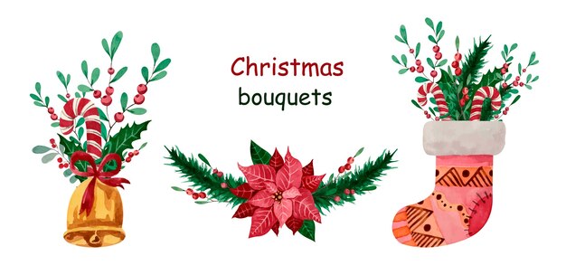 Bouquets De Noël Aquarelle Avec Poinsettia, Chaussette, Cloche, Bonbons, Verts