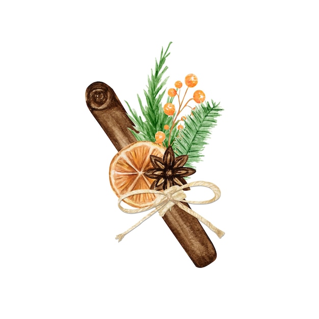 Bouquets De Noël Boho Avec Branches De Pin, Bâton De Cannelle, Anis étoilé, Orange. Illustration Isolée De Composition Vintage Aquarelle.