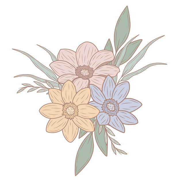 Bouquets Pastel De Printemps Avec Des Feuilles Vector Art