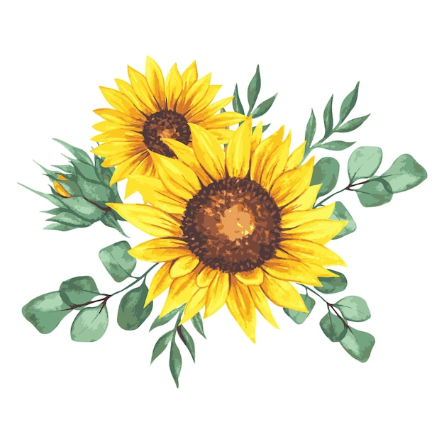 Bouquets de tournesols aquarelle peints à la main avec des feuilles vertes