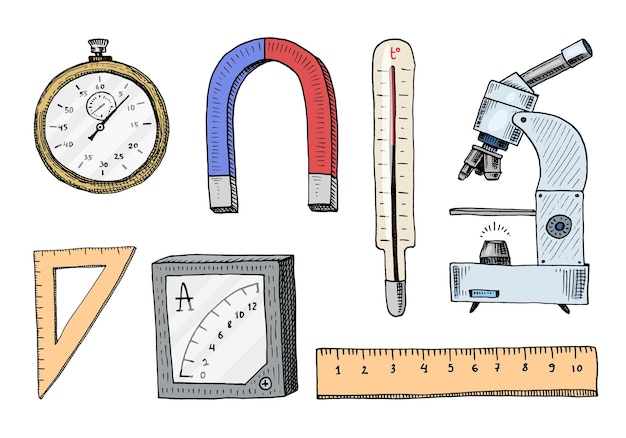 Boussole Et Aimant Alpelmet Avec Thermomètre Et Microscope Gravés à La Main Dessinés Dans De Vieux Croquis Et Symboles Vintage Calcul En Physique Retour à L'école Element Of Science Et Expériences De Laboratoire