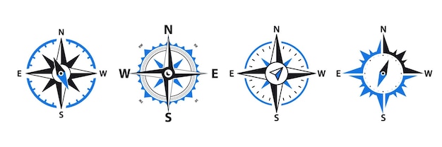 Boussole - Ensemble De Logos De Signes Et De Symboles Vectoriels. Compas De Navigation, Rose Avec Nord, Sud, Est Et Ouest. Ensemble De Boussole De Navigation, Boussole De Voyage, Boussole Perdue. Carte De L'appareil De Voyage équipement De Navigation