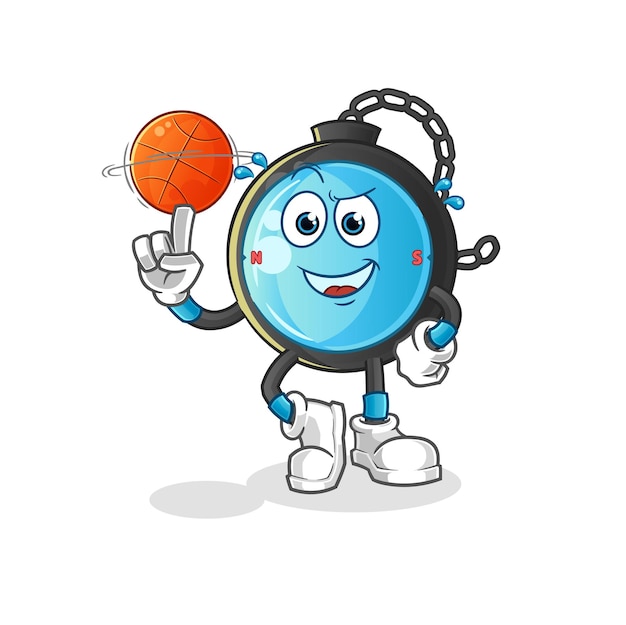 Boussole Jouant La Mascotte De Ballon De Basket. Vecteur De Dessin Animé