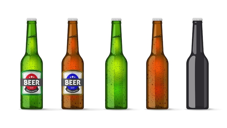 Vecteur bouteille de bière verre 3d set vert brun noir maquette graphique isolé illustration blanc limonade froide