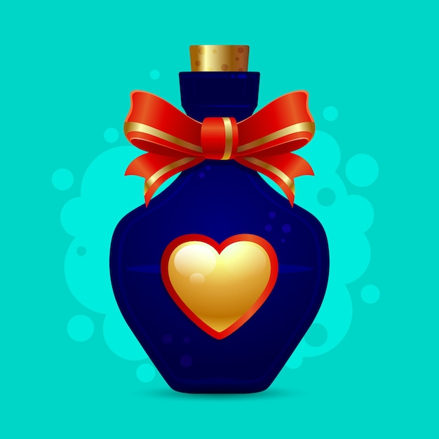 Bouteille Bleue Avec Un Cœur Doré Et Un Ruban Rouge. élixir Magique D'amour Ou De Poison.