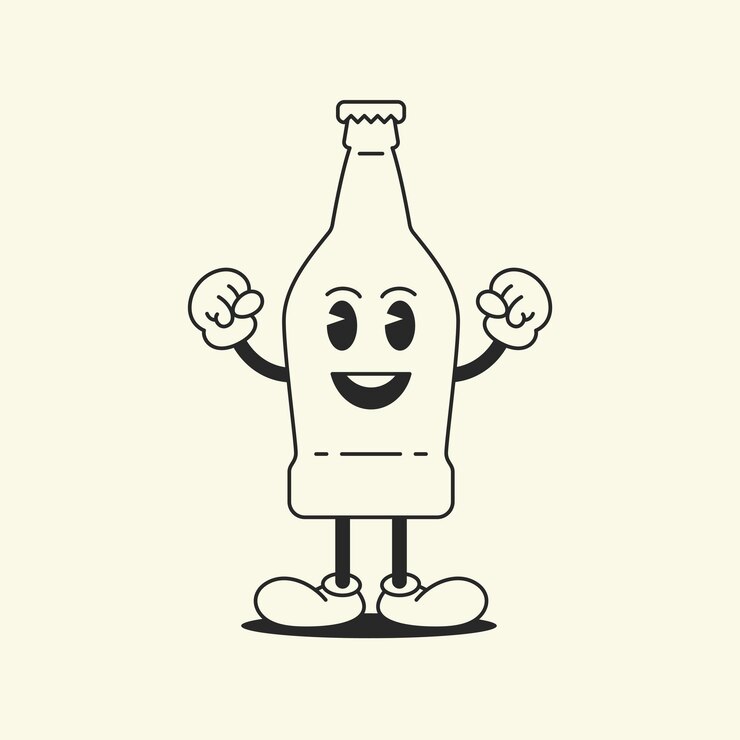 Bouteille boisson drôle personnage fort comique mascotte rétro années 30 style d'animation dessin au trait icône illustration vectorielle Dessin animé verre flacon pack conteneur avec couvercle rafraîchissement boisson soda jus bière émoticône