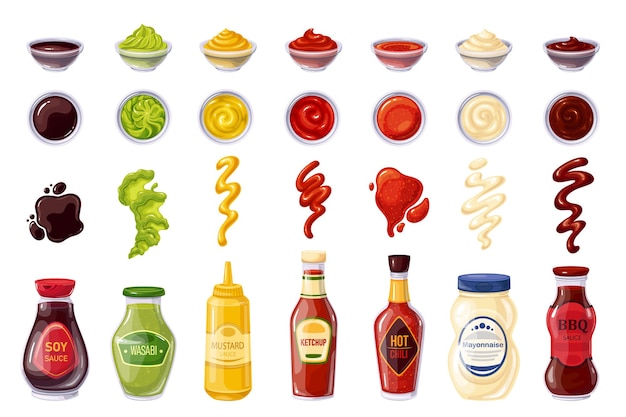 Bouteille et bols de sauces, sauce soja, ketchup, mayonnaise, wasabi, piment fort, moutarde, bbq, splash strips, drops and spots