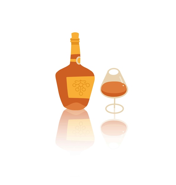 Bouteille De Cognac Avec Verre à Vin. Brandy, Whiskey Reflet Sur La Surface De La Table. Illustration Vectorielle Plane Dessinée à La Main Isolée.