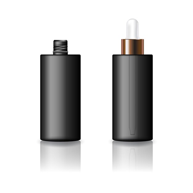 Bouteille cosmétique de cylindre noir blanc avec modèle de produit de couvercle compte-gouttes blanc-cuivre.