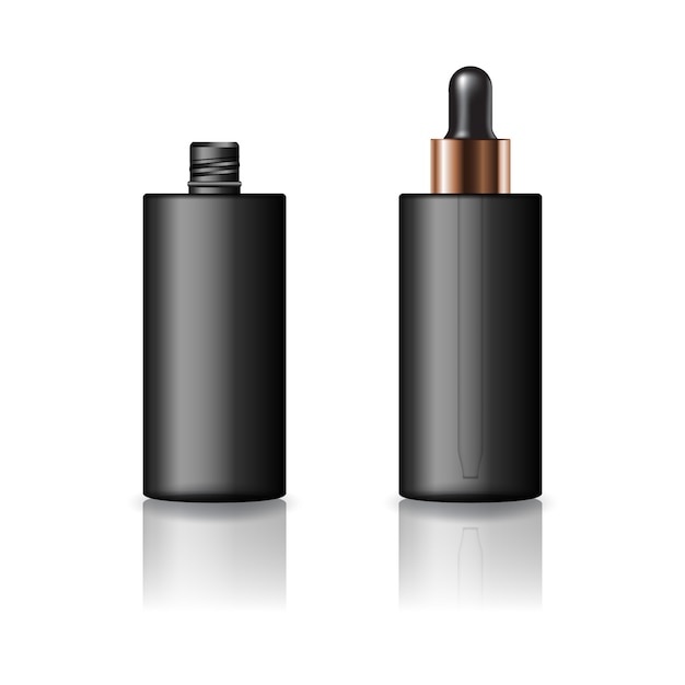 Bouteille cosmétique de cylindre noir vide avec couvercle compte-gouttes pour la beauté ou un produit sain.