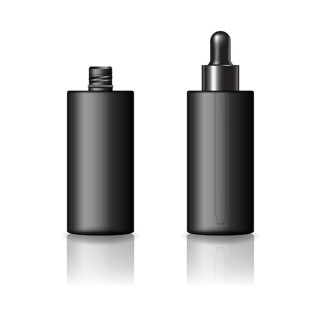 Bouteille cosmétique à cylindre noir vierge avec modèle de maquette de couvercle compte-gouttes noir. Isolé sur fond blanc avec ombre de réflexion. Prêt à l'emploi pour la conception d'emballages. Illustration vectorielle.