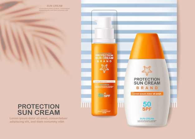 Bouteille De Crème Solaire 3d Réaliste Isolé, Fond Tropical, Bannière Tropicale, Emballage, Crème Solaire De Protection, Cosmétiques D'été Spf 50