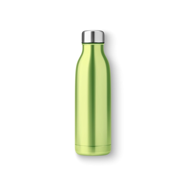 Bouteille d'eau réutilisable en métal brillant vert vert réaliste 3D avec Bung Closeup en argent