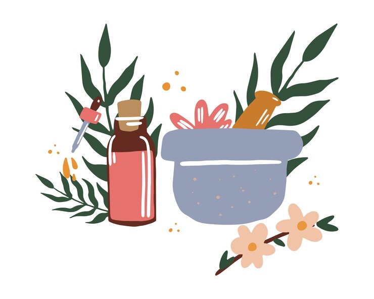 Vecteur une bouteille d'huile aromatique et un mortier production d'huile aromatique