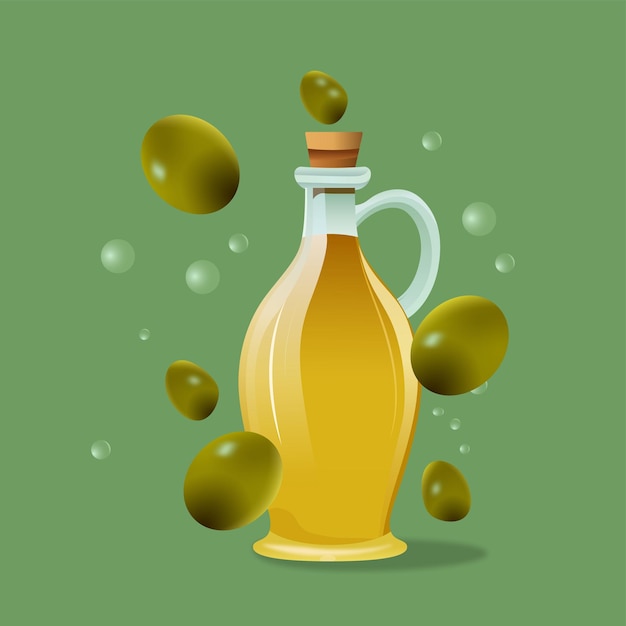 Bouteille D'huile D'olive Fraîchement Pressée De Vecteur Et Verseur Avec Des Olives Noires Et Vertes Ornementales