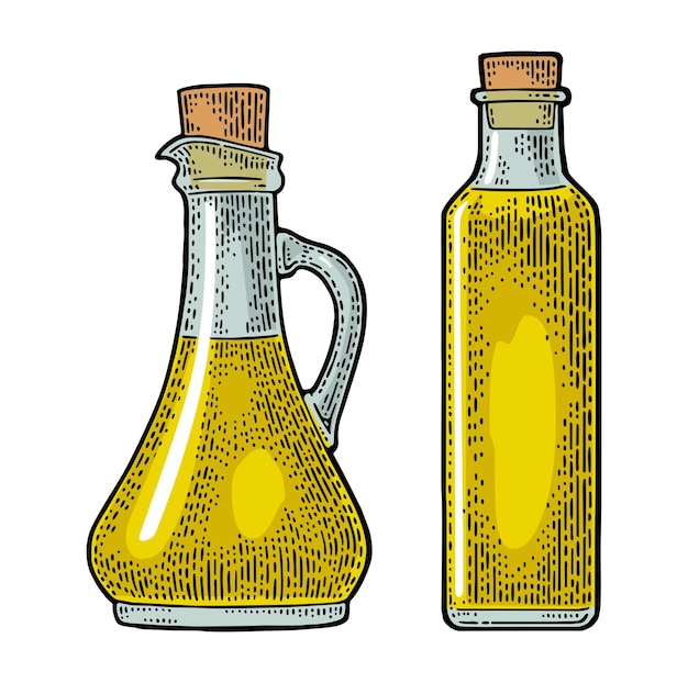 Bouteille d'huile d'olive en verre avec bouchon de liège gravure vintage en couleur vectorielle