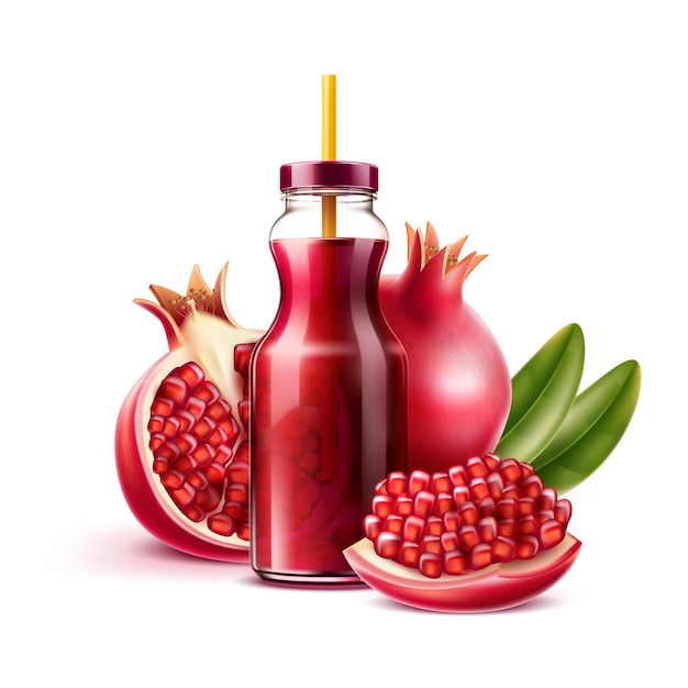 Bouteille de jus de grenade réaliste avec paille et fruits entiers, moitié et graines avec feuilles vertes. Fruits mûrs juteux de vecteur pour l'emballage du produit, conception de menus. Nourriture tropicale sucrée pleine de vitamines.