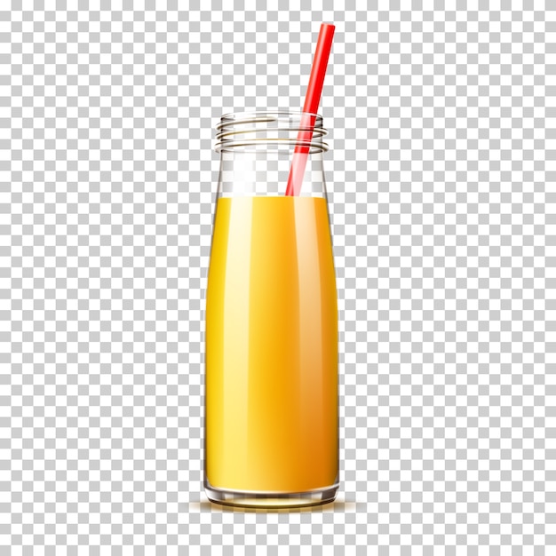 Vecteur bouteille de jus d'orange réaliste avec paille sans couvercle sur fond transparent