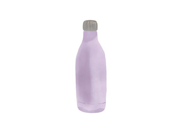 une bouteille de liquide violet avec un bouchon gris