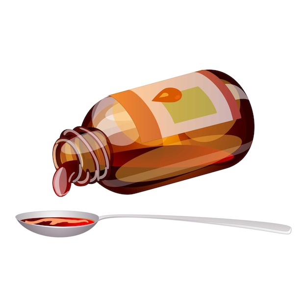 Bouteille médicale brune versant du sirop dans une cuillère