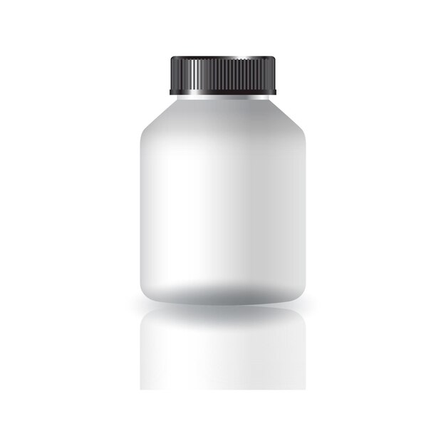 Vecteur bouteille de médicament blanche, ronde et complémentaire avec couvercle à rainures noires pour un produit de beauté ou de santé