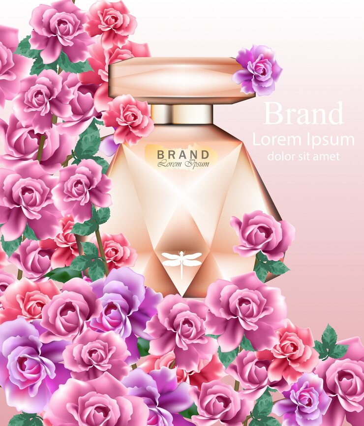 Vecteur bouteille de parfum délicat parfum de roses. conception réaliste de l&#39;emballage du produit vector