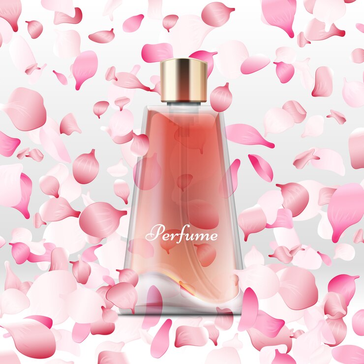 Vecteur bouteille de parfum réaliste et pétales roses volants