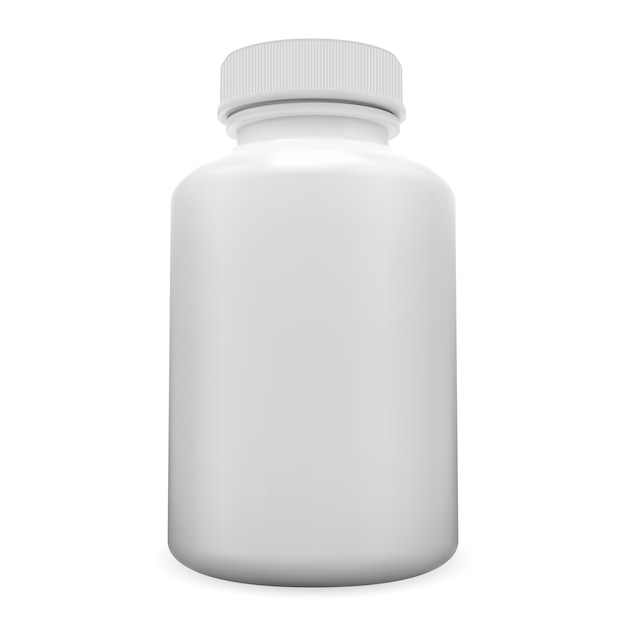 Bouteille de pilule de vitamine Pot de supplément en plastique blanc isolé vide capsule médicale pharmaceutique