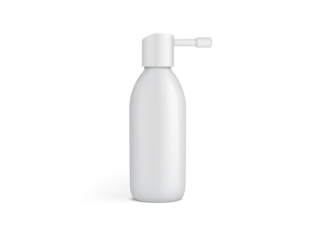 Bouteille en plastique blanc pour spray auriculaire isolé sur fond blanc