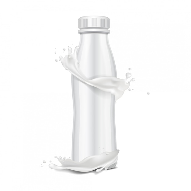 Vecteur bouteille en plastique avec bouchon à vis et éclaboussure de lait. pour les produits laitiers. pour le lait, buvez du yaourt, de la crème, du dessert. modèle de pack réaliste