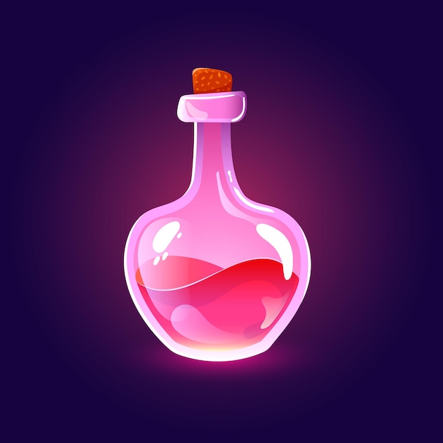 Vecteur bouteille de potion d'amour de dessin animé avec flacon ou pot en verre d'élixir magique avec substance liquide rose brillant