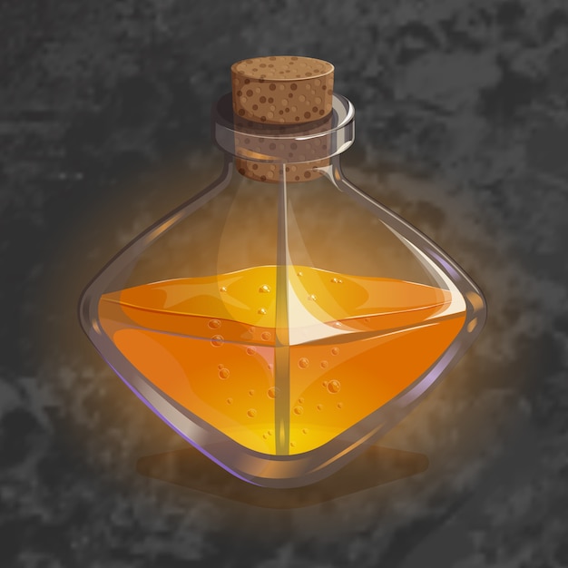 Bouteille Avec Une Potion D'orange. Icône De Jeu De L'élixir Magique.